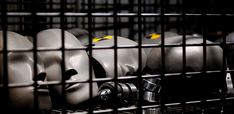 Heads of crash test dummies inside a container