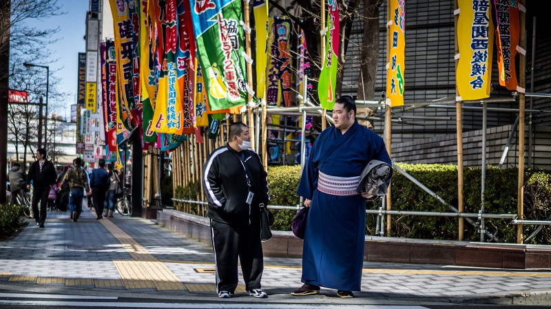 two sumo walking in Japan