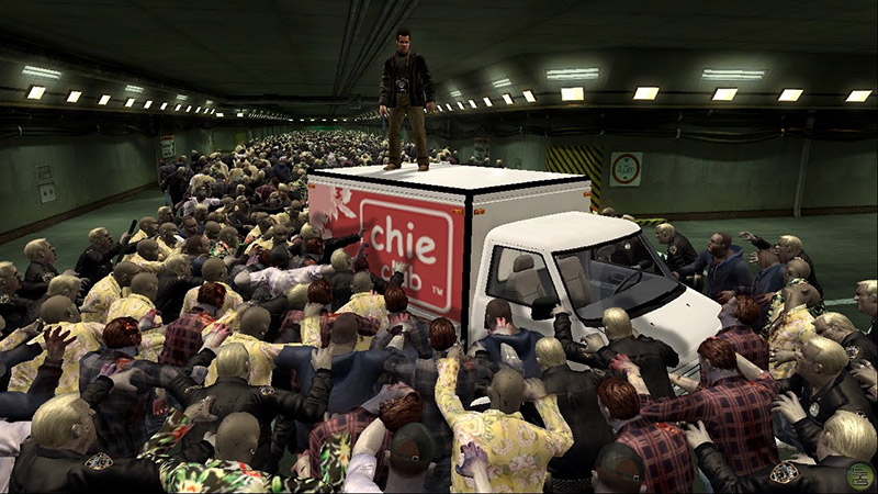 Zombies surround the protagonist of the game Dead Rising