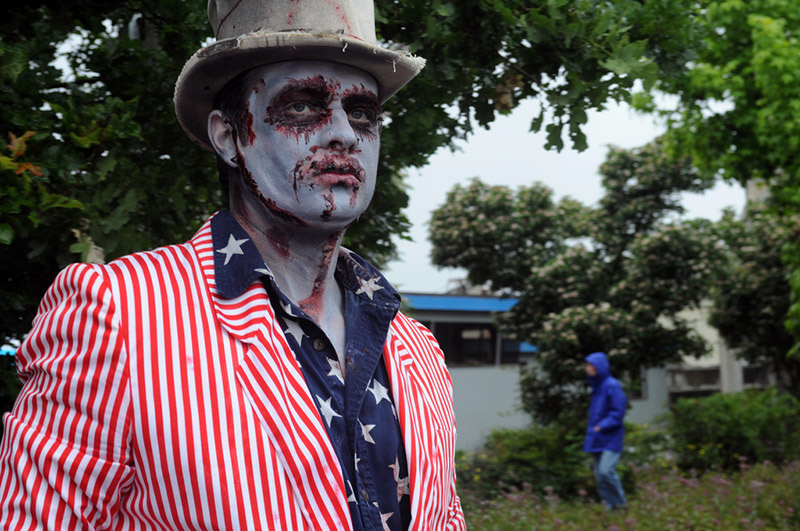 A man dressed up as zombie Uncle Sam