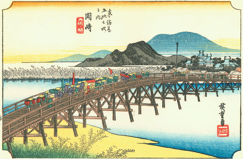 Woodblock print of a procession crossing a bridge