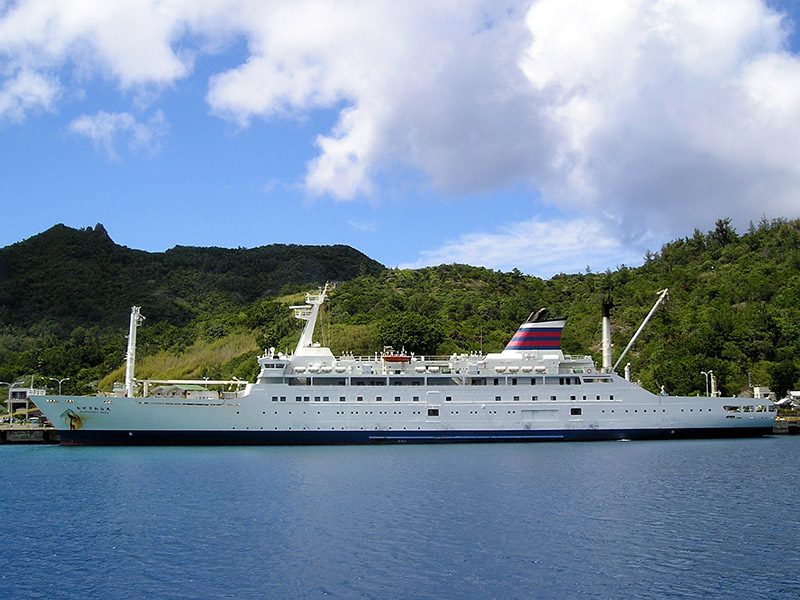 A large white ship near the shore