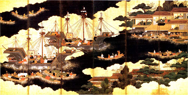 Folding screen painting of large ships crossing a black sea