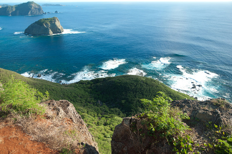 View off a green cliff into the sea