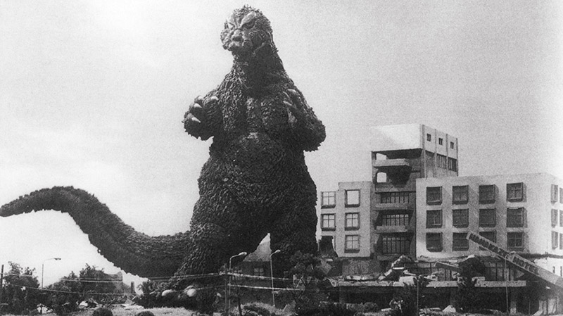 Black and white photo of Godzilla