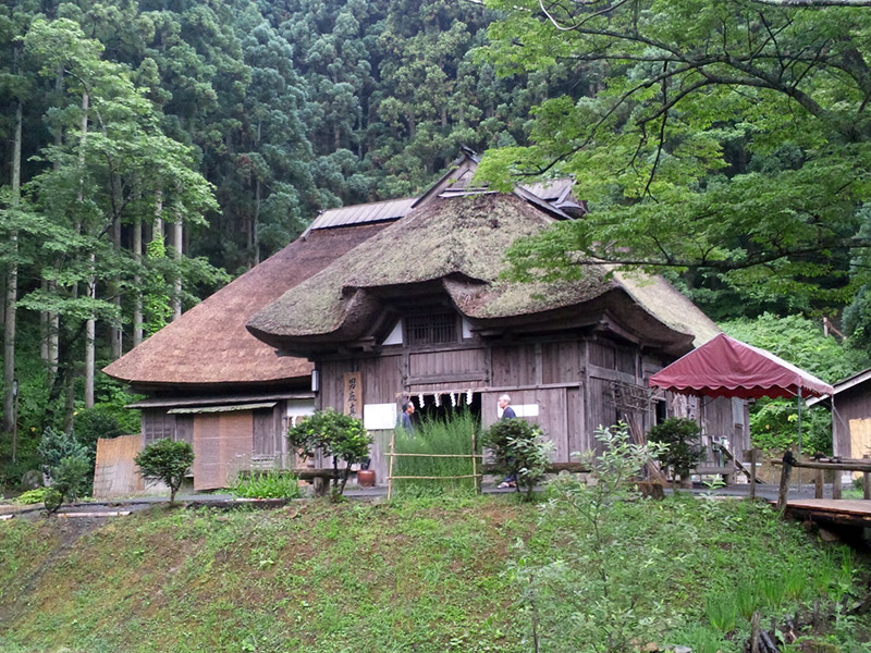 Traditional Japanese building with grass roof