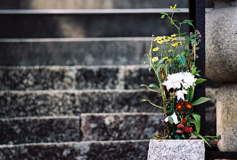 Flower arrangement at the base of a temples stairs