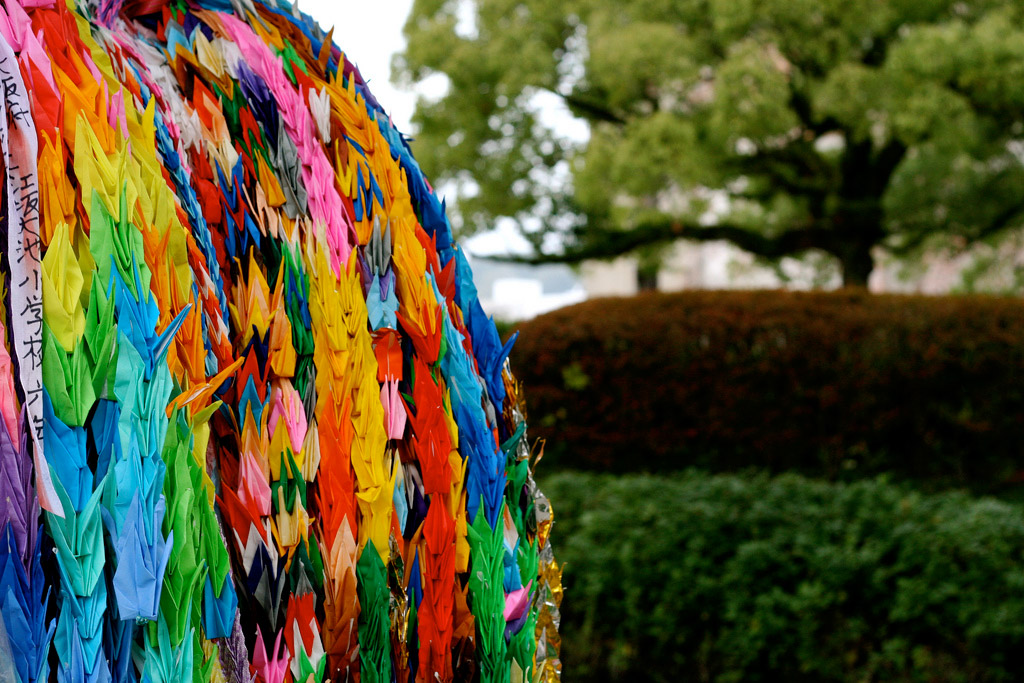 Rainbow origami cranes at the Hiroshima Peace Memorial