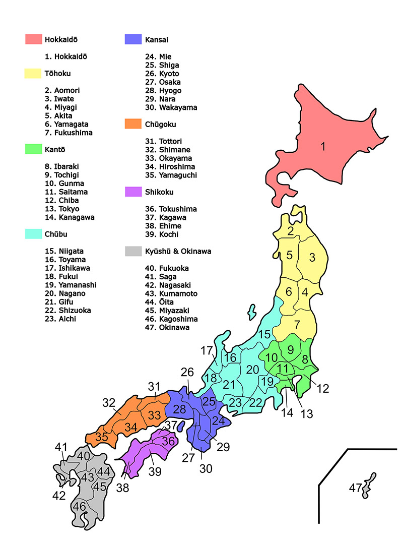 colored map of the regions of japan