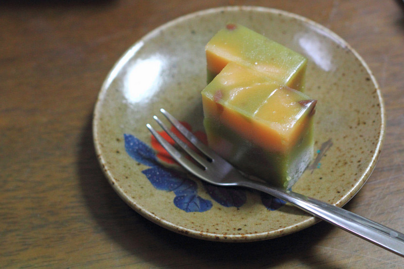 japanese wagashi uirou dessert on painted plate with fork