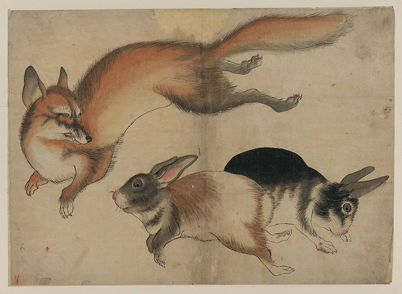 painting of a fox and two rabbits