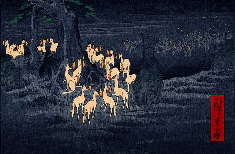 ukiyo-e print of a field at night filled with kitsune with fire in front of their noses