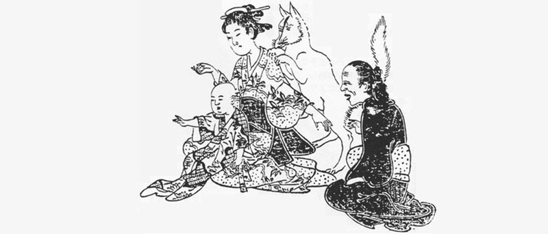 black and white drawing of a family with a fox behind them