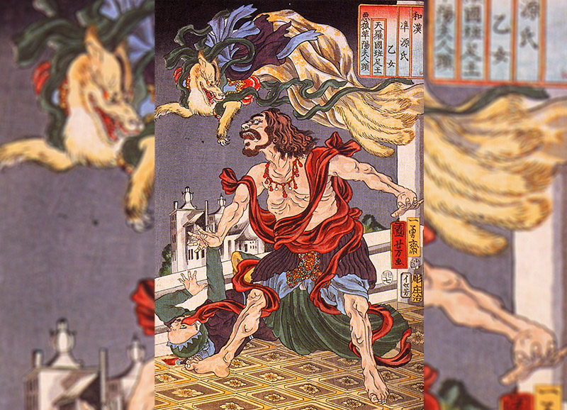 ukiyo-e print of prince hanzoku terrorized by a kitsune