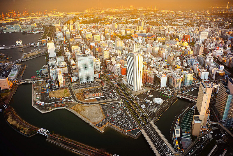 flying over yokohama yokohama from the sky sunset