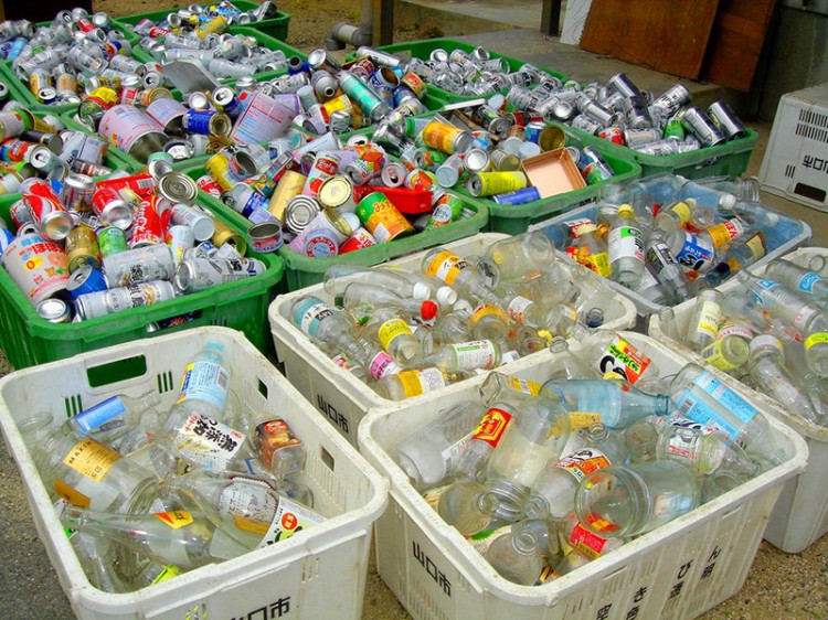 Japanese garbage sorted by type inside plastic containers