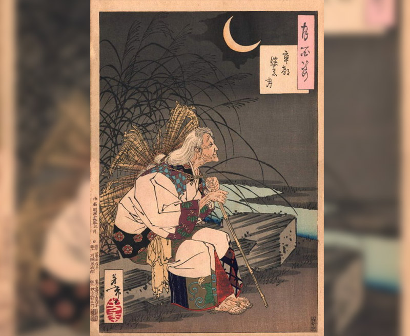 woodblock print of Ono no Komachi in old age