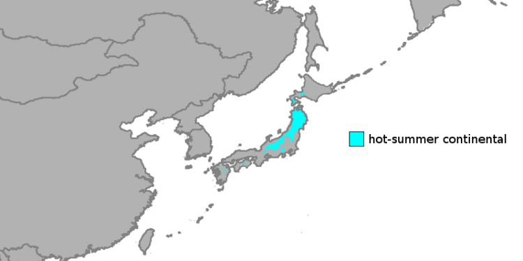 A map giving an overview of the climate in Honshu