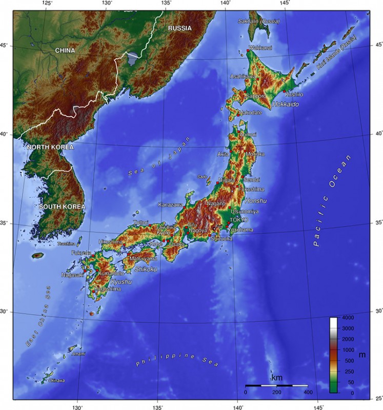 A topographical map covering Japan