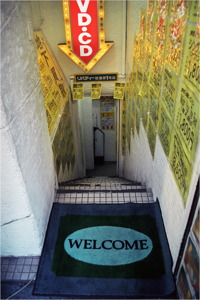 A shady stairwell into a basement shop in Akihabara