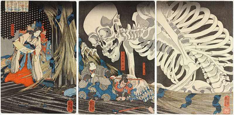 painting of witch and giant yokai skeleton