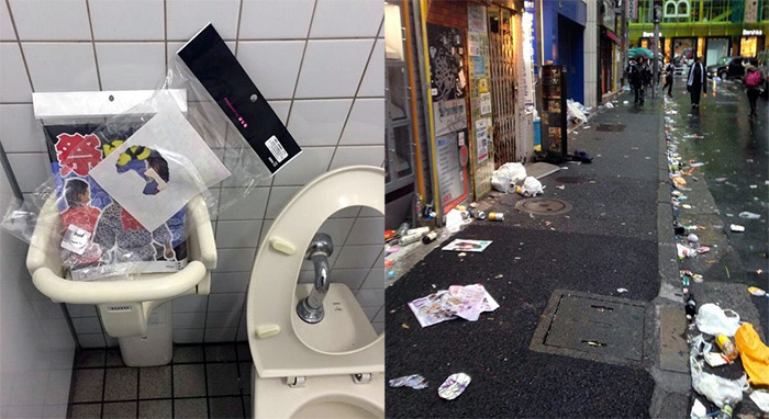 tokyo bathroom and streets filled with trash after halloween