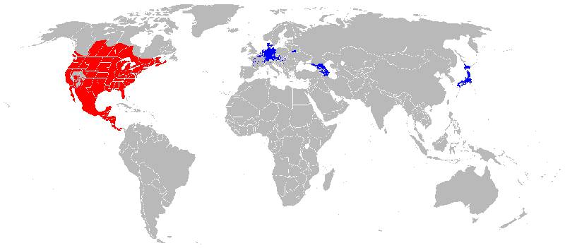 Map of the world with showing raccoon invasion