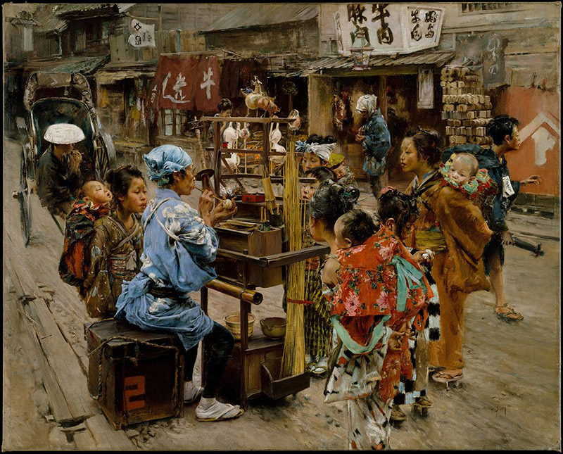 painting of Japanese confectioner working at street stall