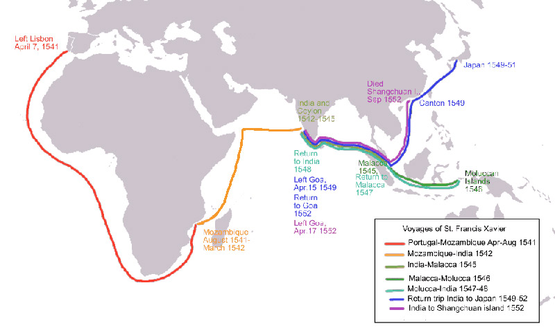 map showing route of Francis Xavier