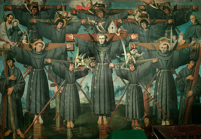 painting of martyred Christian monks on crosses