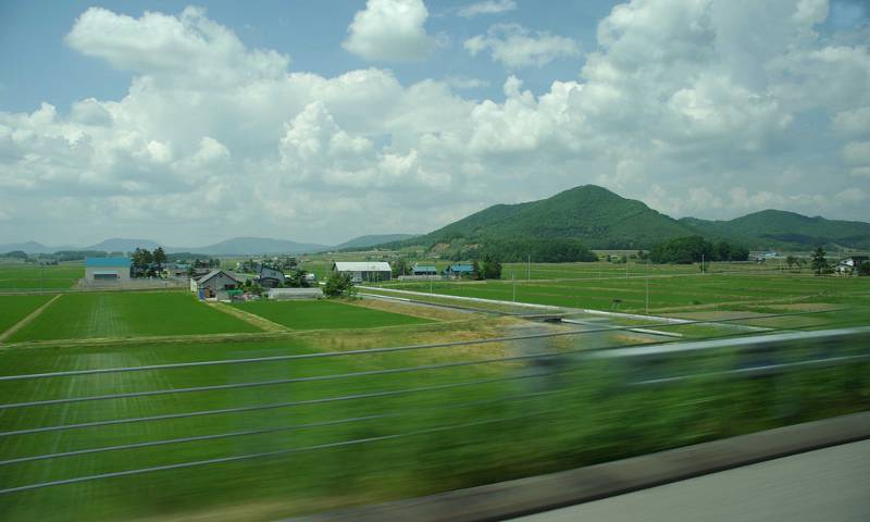 view from shinkansen bullet train window hokkaido rice paddies