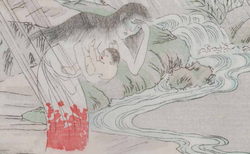 japanese art woman by a river with a child