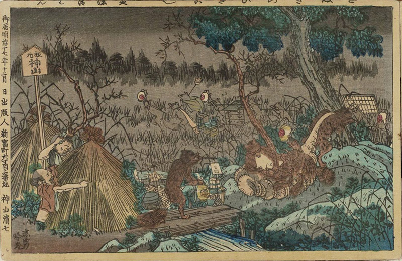 ukiyo-e print of tanuki at night