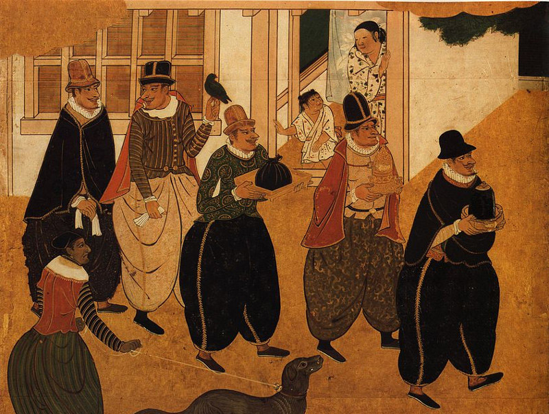 Woodblock print of Westerners arriving in Japan in the 17th century