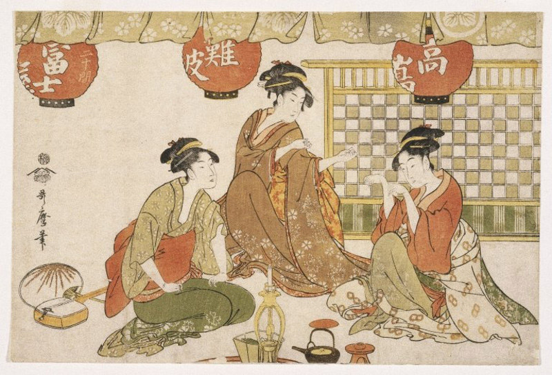 Woodblock print of Japanese women conversing with each other