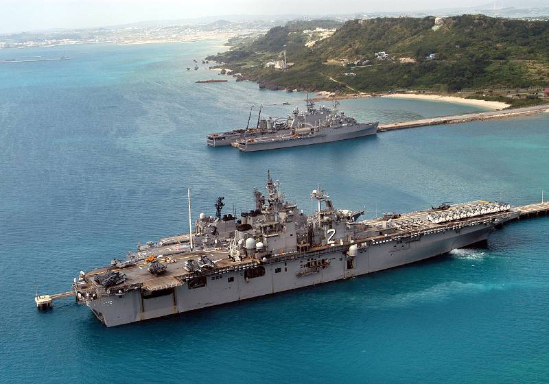 american military ship in blue warm okinawa water