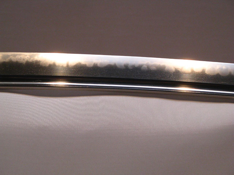 Japanese sword viewing hamon line blade on display