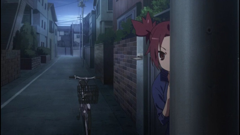 ookami san anime girl with bike hiding behind telephone pole