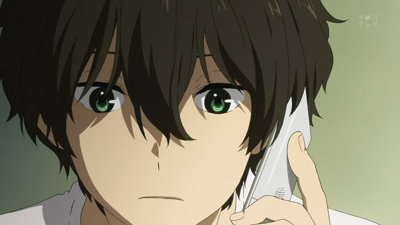 worried boy from hyouka anime listening to phone call
