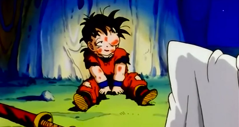 Gohan covered in bruises in Dragon Ball Z