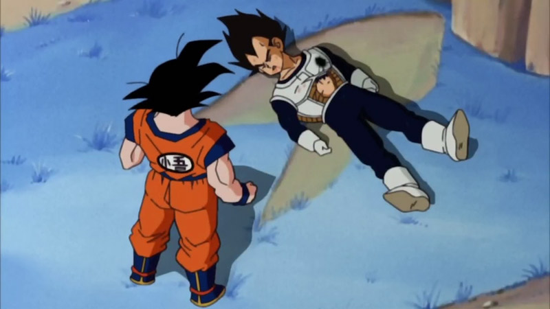 Goku talks to a downed Vegeta in Dragon Ball Z