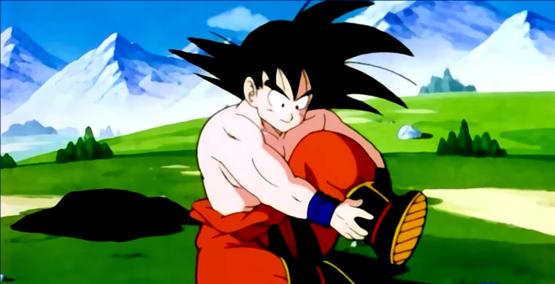 Goku from Dragon Ball Z putting on his shoes