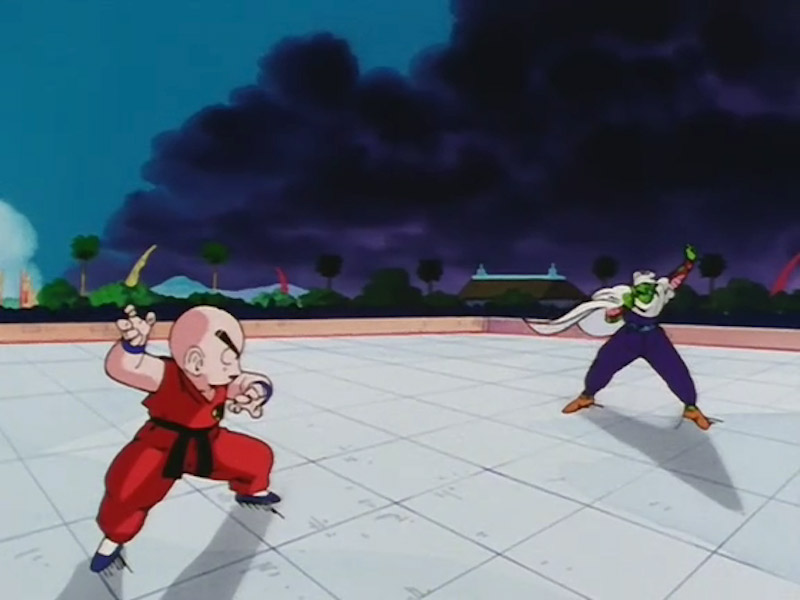 Krillin and Piccolo prepare to fight in Dragon Ball Z