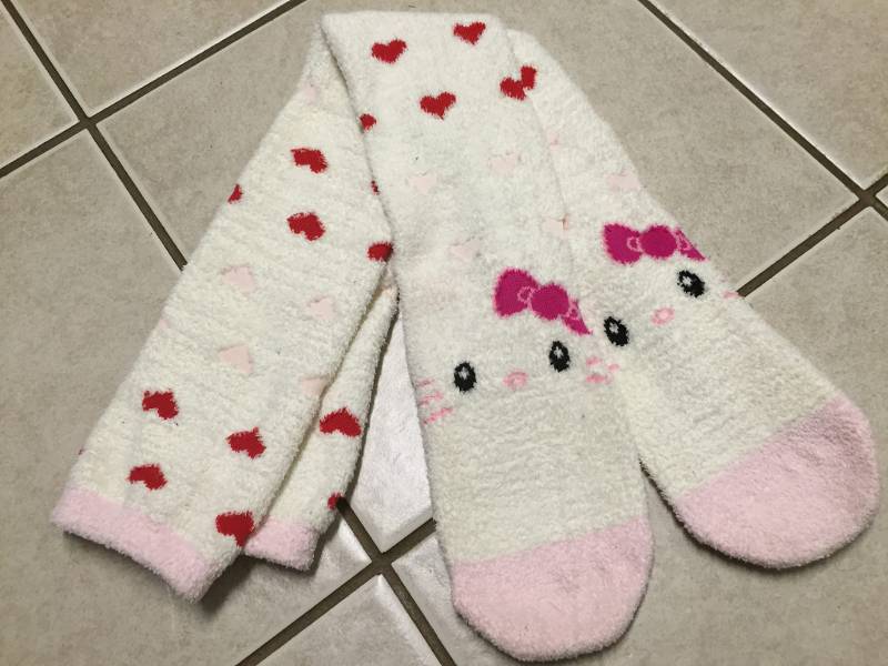 Very fuzzy-looking Hello Kitty socks