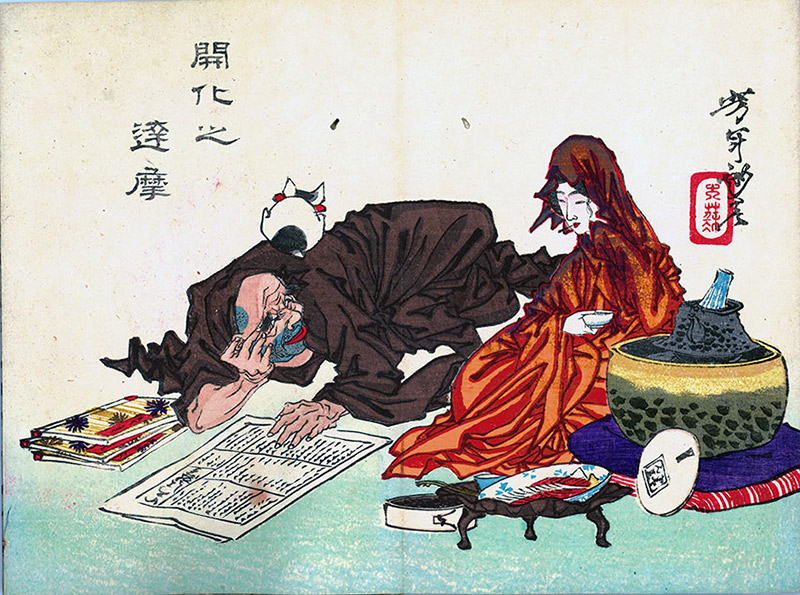 ukiyo-e cat print of a kitty sitting on a mans head