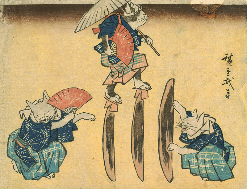 ukiyo-e cats performing acrobatics