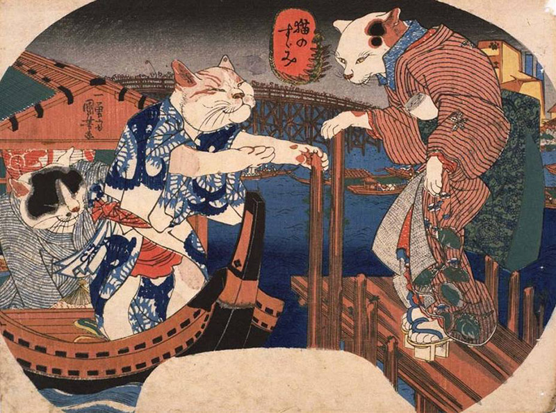 ukiyo-e cats in edo period clothing rowing a boat