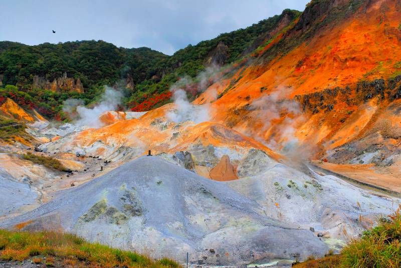 Steam emanating from the rocky terrain of Noboribetsu