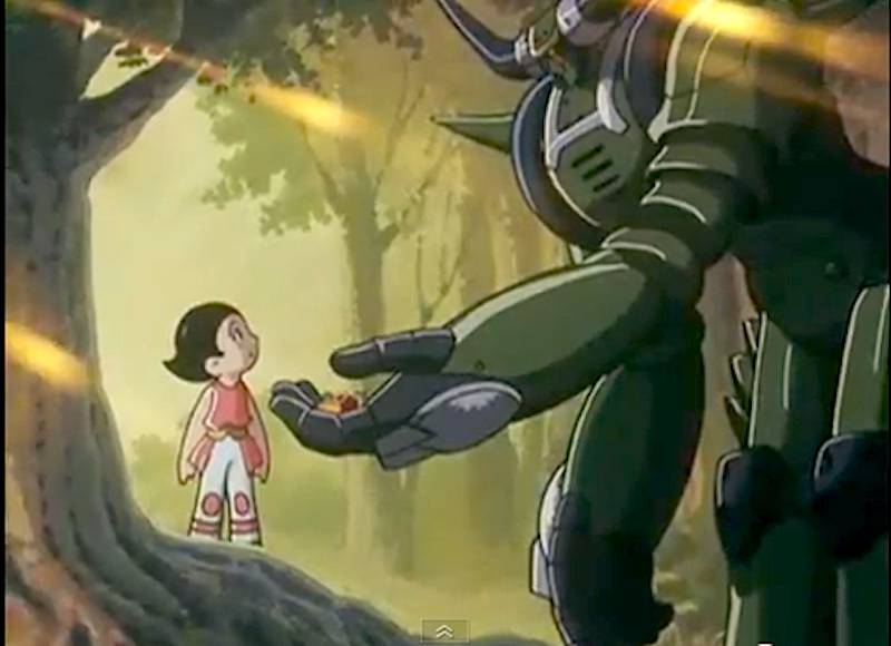 astro boy looks at green robot in forest making offering