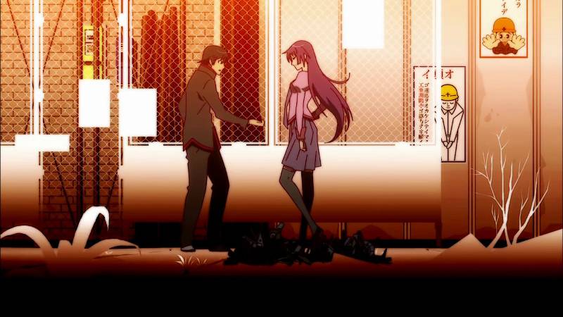 bakemonogatari anime with male character holding hand out to female character